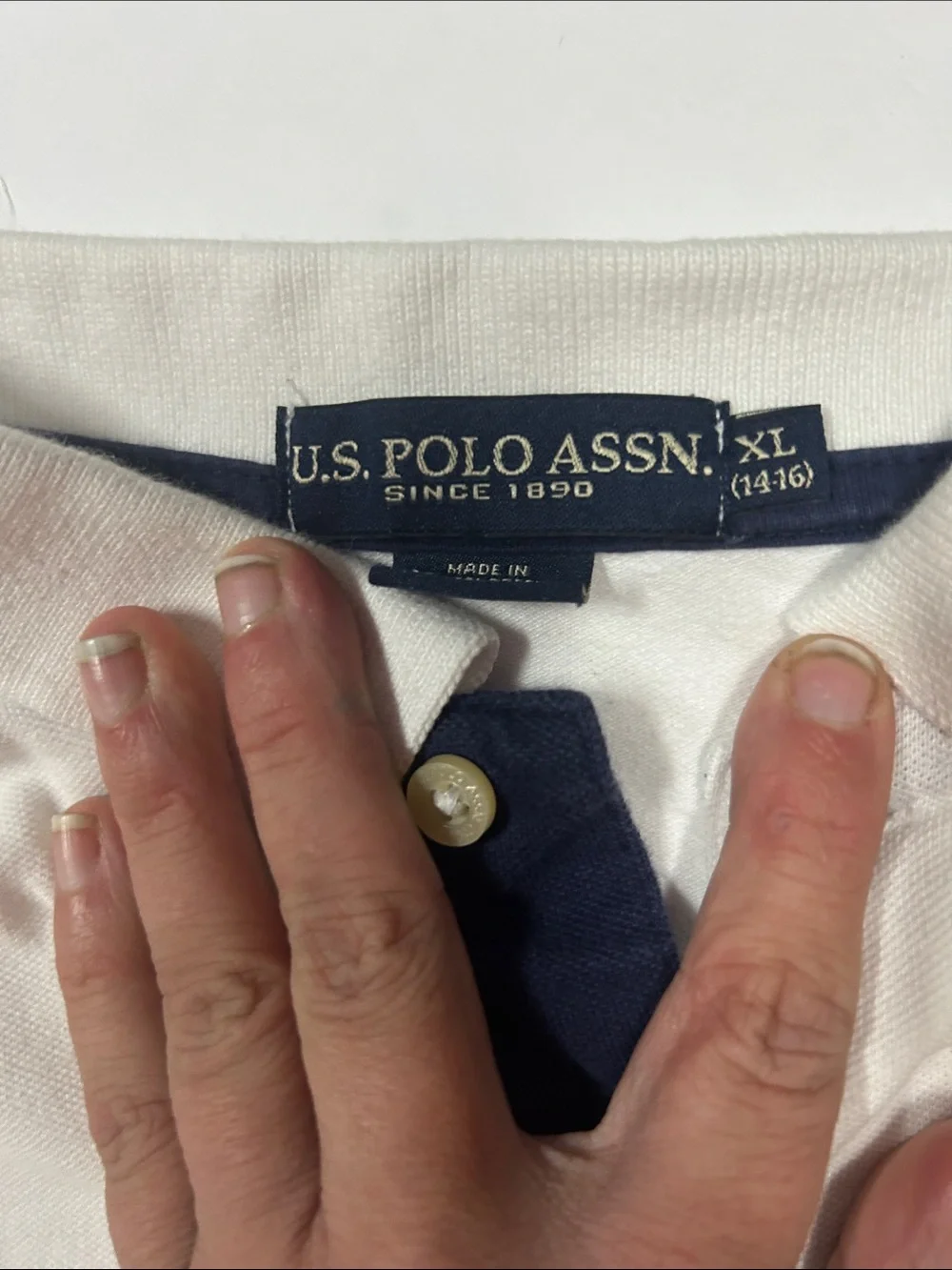 U.S. Polo Assn. Unisex White Polo with Navy Trim and Embroidered Logo Size 14/16